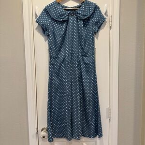 Hell Bunny Ingred Midi Dress Women’s L Blue White Polka Dot Retro Rockabilly